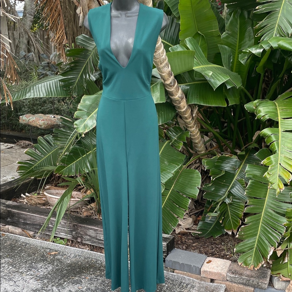 lulu’s teal green backless wide leg jumpsuit